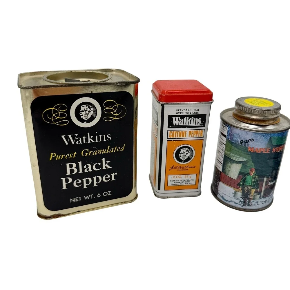 Vintage Watkins Spice Tins & Maple Syrup Cans and‎ Black Pepper Cayenne Lot of 5
